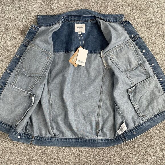Kensie Jeans Vintage Luxe Denim Vest Stretch Trucker Frayed Size Large New - Picture 3 of 14